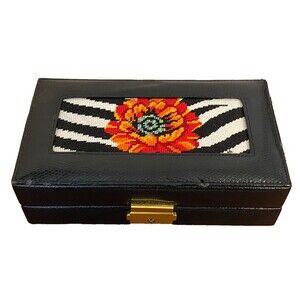 Vtg Floral Needlepoint Locking JEWELRY BOX Hand Stitched Black Zebra Small Lined